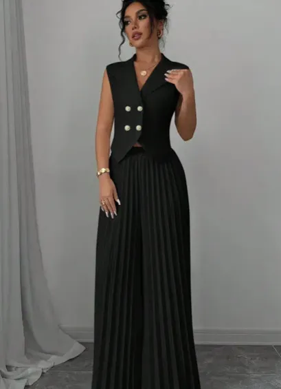 Summer Sleeveless Suit Fashion Lapel Button Vest Top And Pleated Straight Pants Women's Trousers Set Clothing Black - Shop at LoveMi