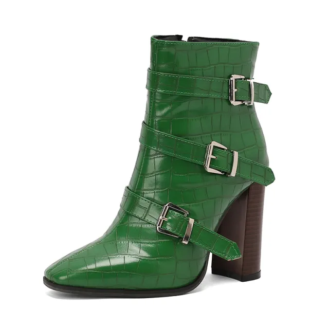 Belt Buckle Booties Thick High heel Martin Boots Green - Shop at LoveMi
