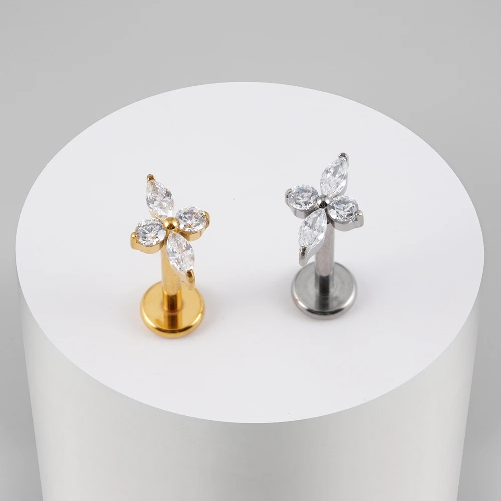 Titanium Alloy Inlaid Zircon Horse Eye Cross Lip Nail