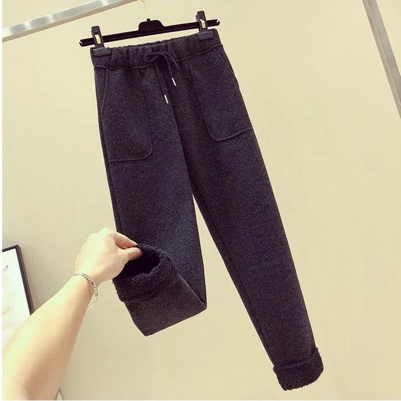 Women's Lamb Wool Vest Slimming Knitted Sweater Casual Pants Three-piece Suit - Black Pants