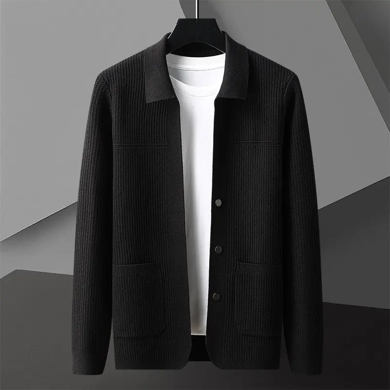 Men's AutumnWinter Solid-Colored Thickened Lapel Long-Sleeve Sweater with Pockets