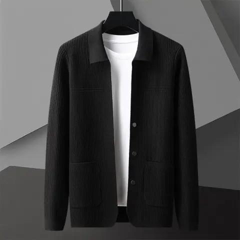 Men's AutumnWinter Solid-Colored Thickened Lapel Long-Sleeve Sweater with Pockets