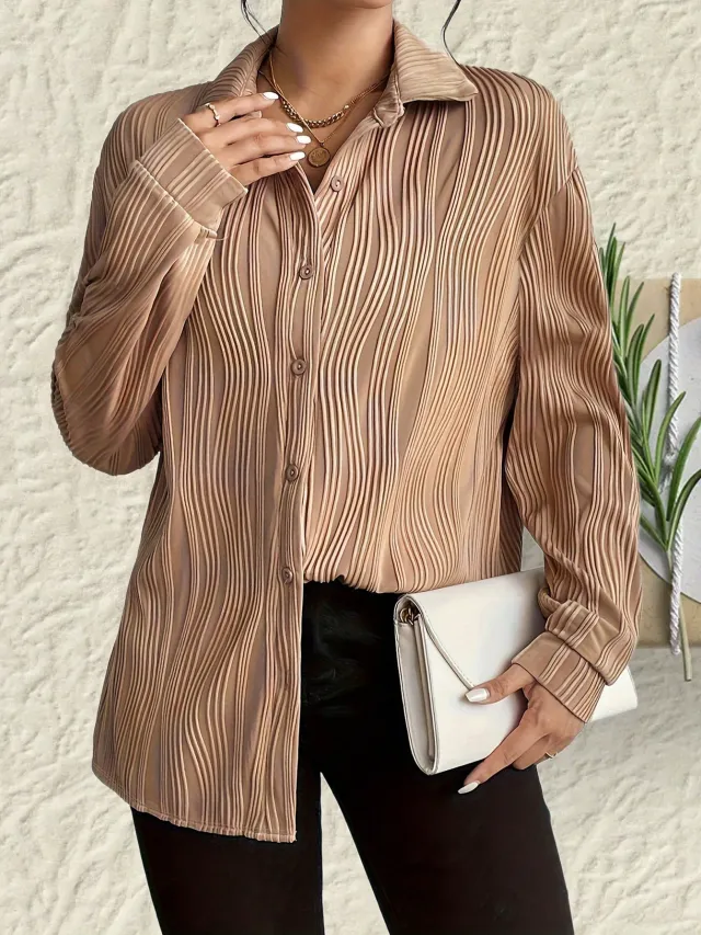Fashionable Women's Plus Size Shirt With Fold down Collar And Button Texture Khaki - Shop at LoveMi