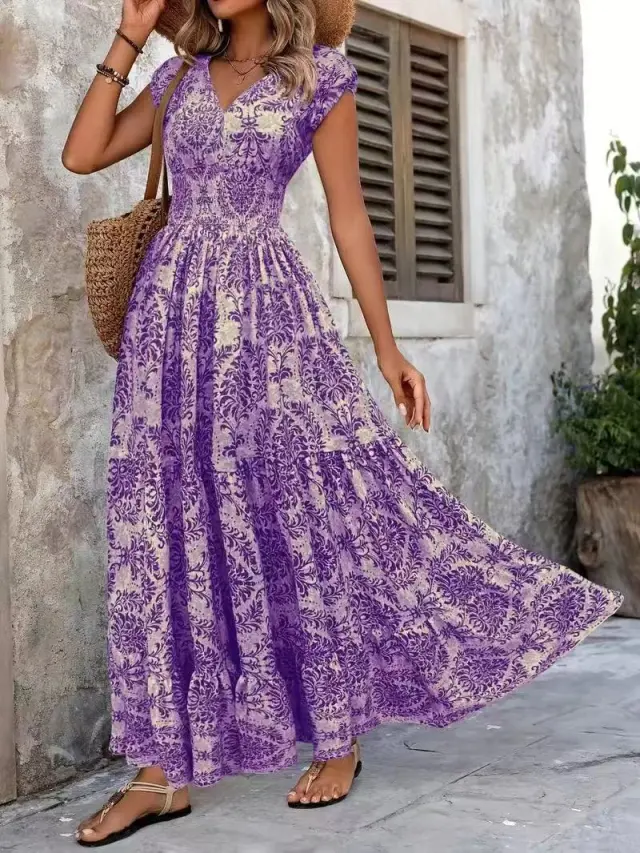 V neck Long Sleeve Big Hem Dress Dark Violet - Shop at LoveMi