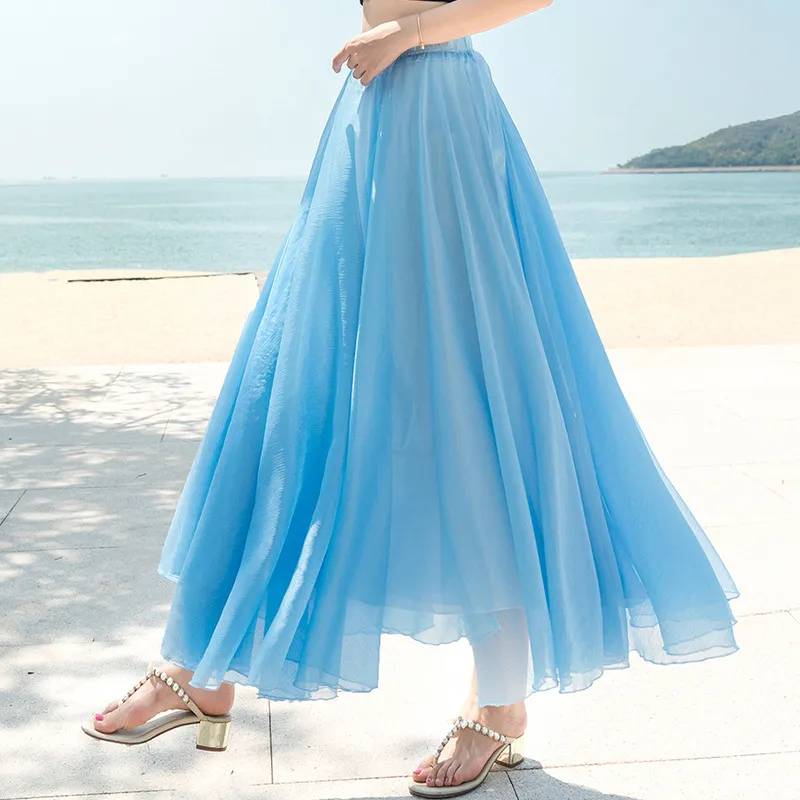 Chiffon Skirt Large Swing Skirt Vacation Beach Dress Fairy Dress - Sky Blue
