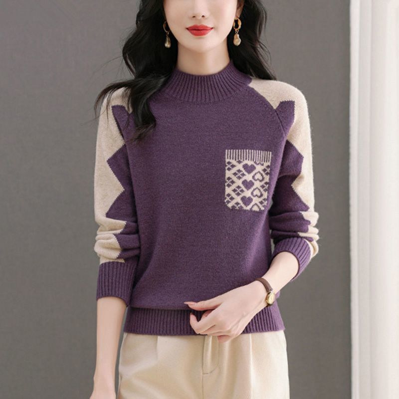 New FallWinter Half-High Round-Neck Colorblock Knit Sweater