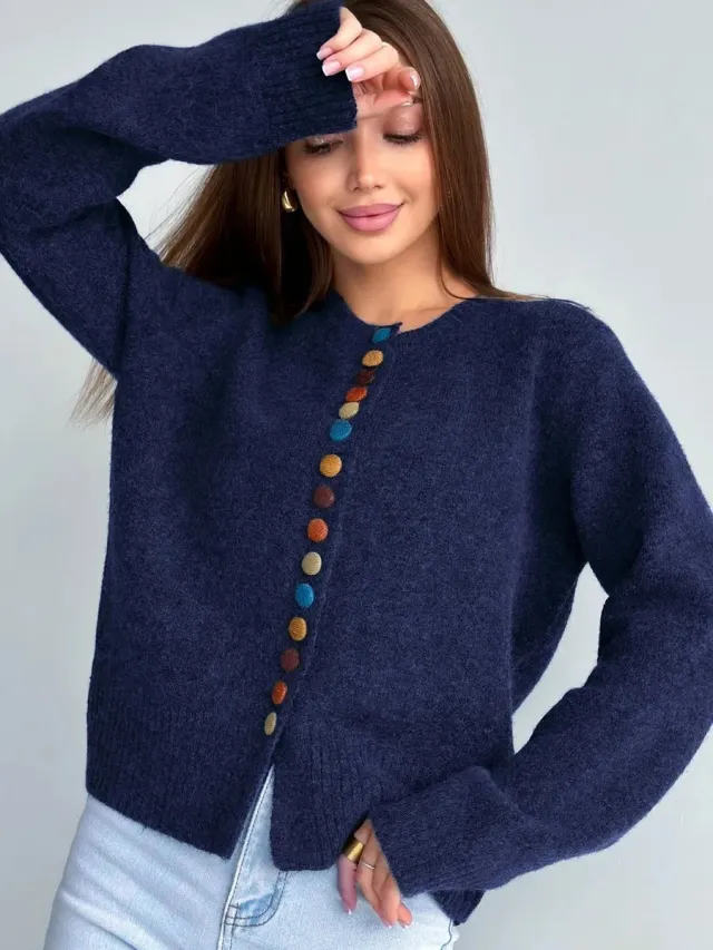 New Colorful button Knitted Cardigan FallWinter Navy Blue - Shop at LoveMi