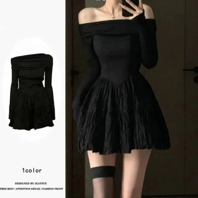 Off shoulder Elegant Black Design Pleated Long Sleeve Dress Spring And Autumn Women Black - Shop at LoveMi