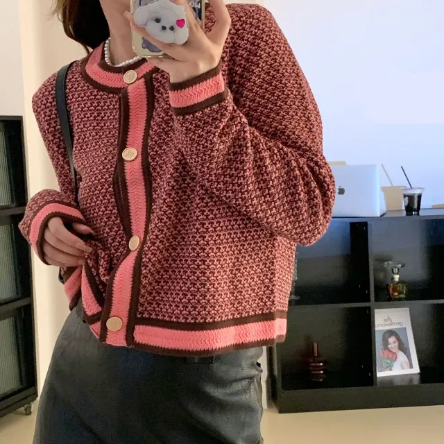 Autumn And Winter New Elegant Classic Style Round Neck Short Long sleeved Knitted Cardigan Women's Sweater Coat Pink - Shop at LoveMi