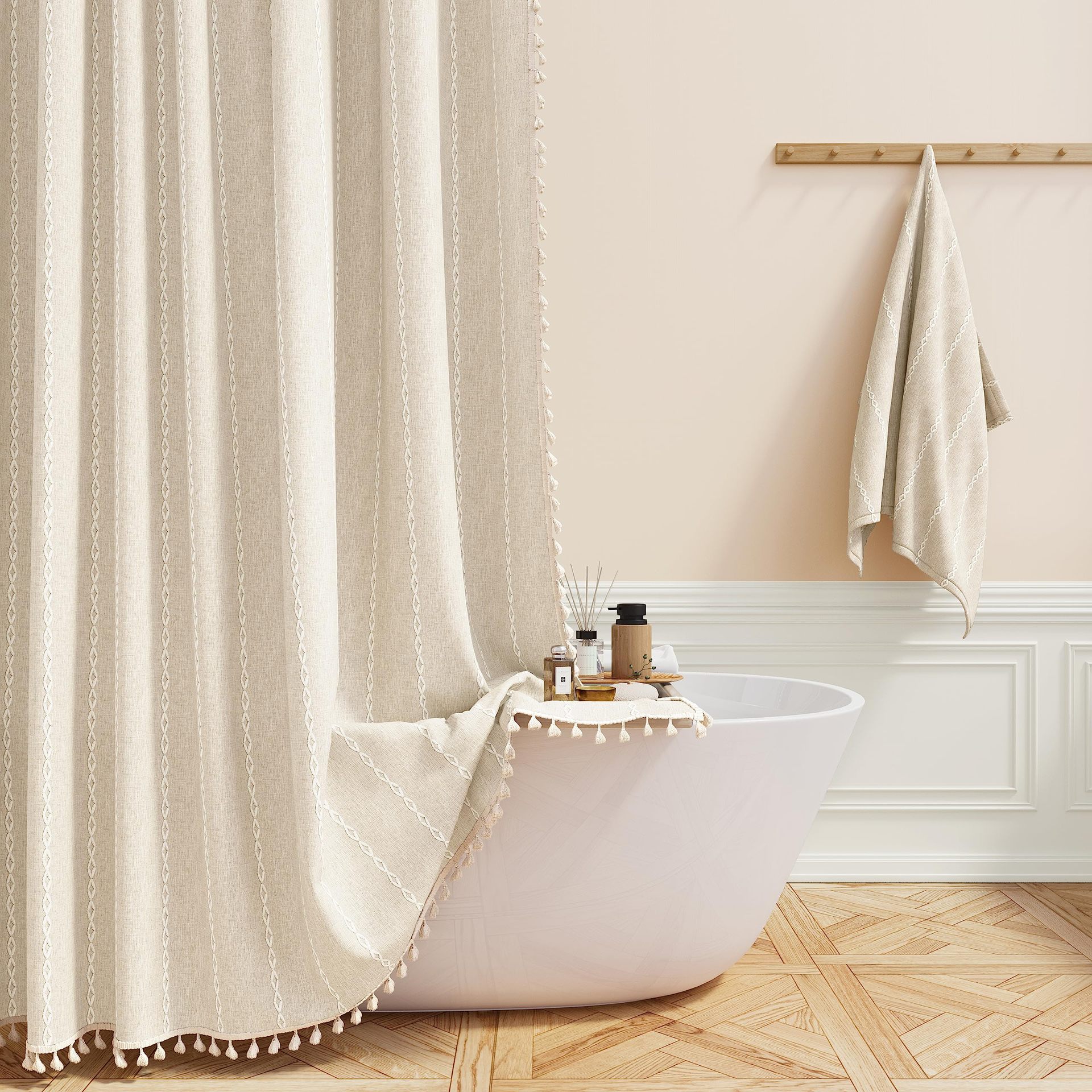 Tencel-linen Checkered Tassel Bathroom Checkered Partition Curtain Waterproof Shower Curtain