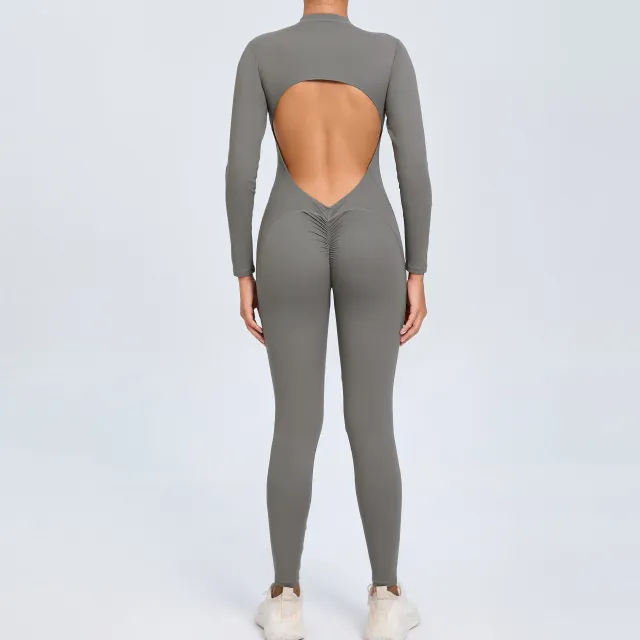 Women's Solid Color Backless Long sleeve Zipper One piece Dark Gray - Shop at LoveMi