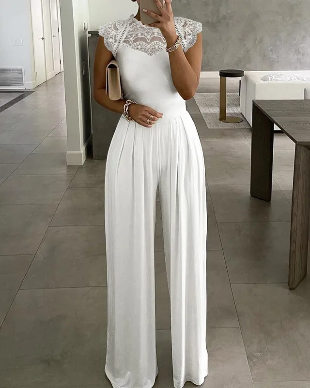 Women's Solid Color Loose Casual Lace Jumpsuit White - Shop at LoveMi