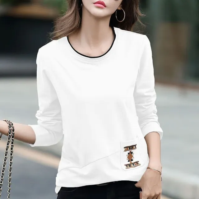 Women's Embroidered Pocket Long Sleeve T shirt White - Shop at LoveMi