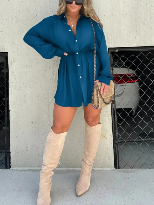 Women's Long Sleeve Jumpsuit With Button Fashion Shirt Dress Blue - Shop at LoveMi
