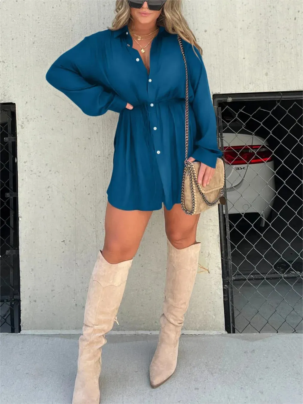 Women's Long Sleeve Jumpsuit With Button Fashion Shirt Dress - Blue