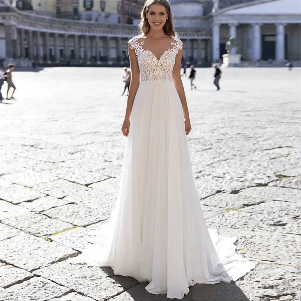 A Series Chiffon Wedding Dress V-neck Long