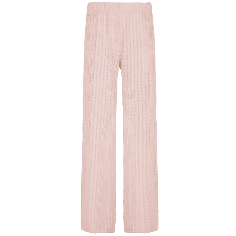 Resort-style Textured Hollow-out Loose-fitting Solid-color Casual Pants - Pink