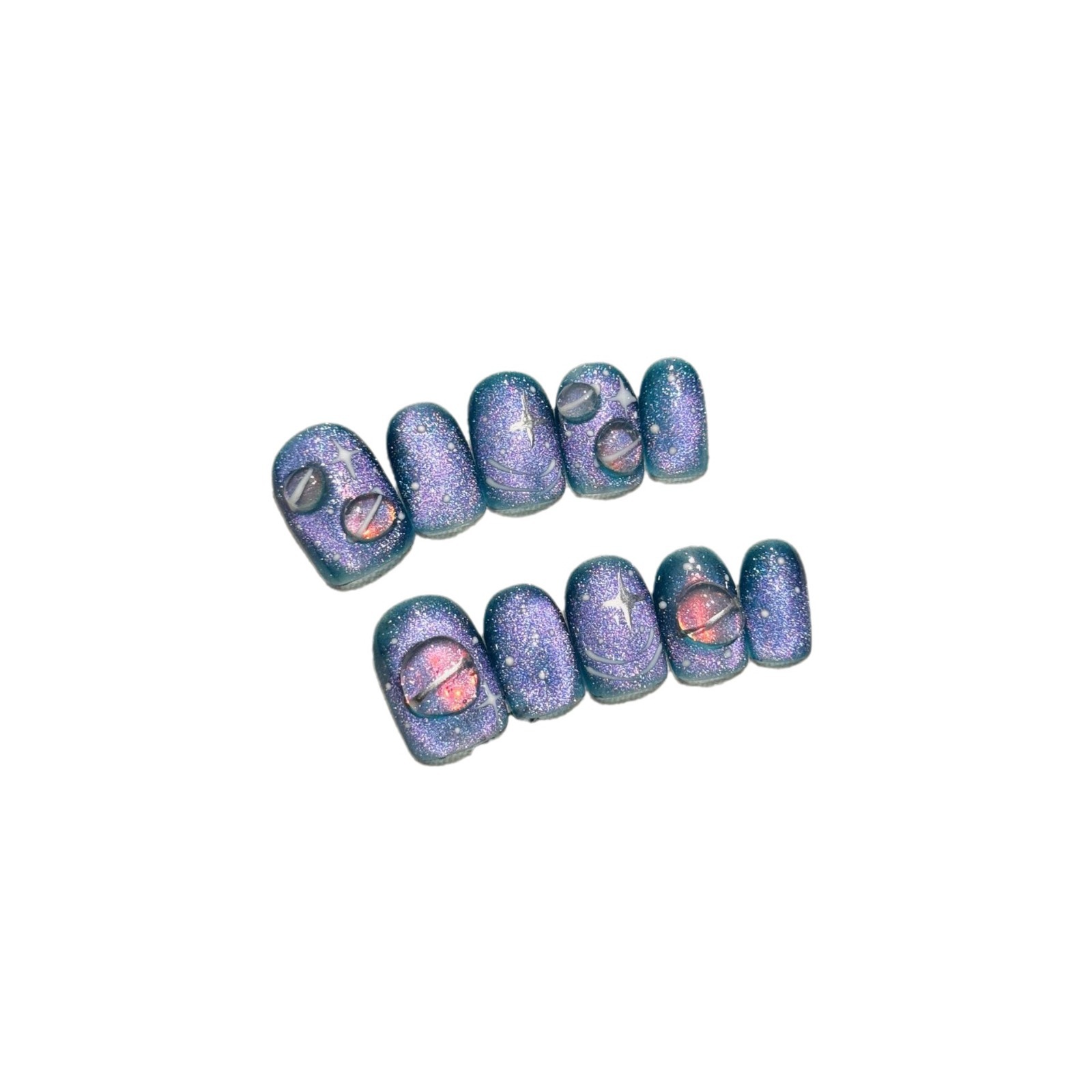 Hand-painted Wearable Nail Art Featuring A Blue Starry Sky And Nebula Design