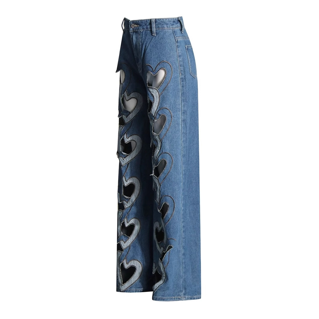 High Waist Hollowed Heart Shape Wide Leg Jeans - Image 3