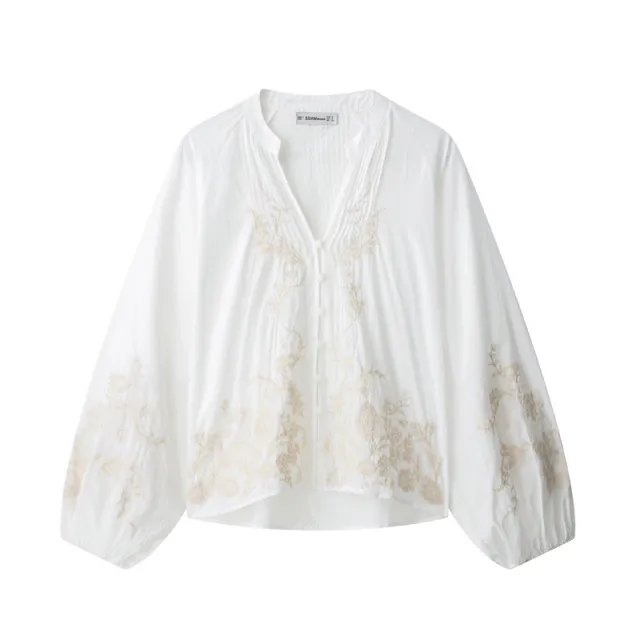 Ethnic Floral Positioning Embroidered Flower Long Sleeve Shirt Red - Shop at LoveMi