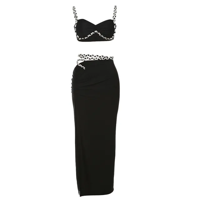 Cool Contrast Color Camisole Sexy Slim Side Slit Skirt Suit Black - Shop at LoveMi