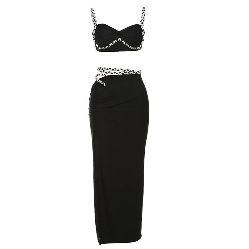 Cool Contrast Color Camisole Sexy Slim Side Slit Skirt Suit - Black