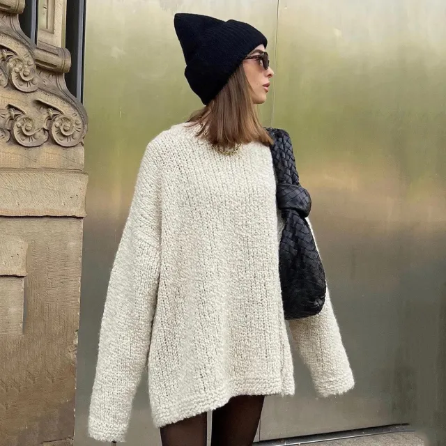 Simple Solid Color Thick Needle Round Neck Sweater Mid length Ls3242 Creamy White - Shop at LoveMi