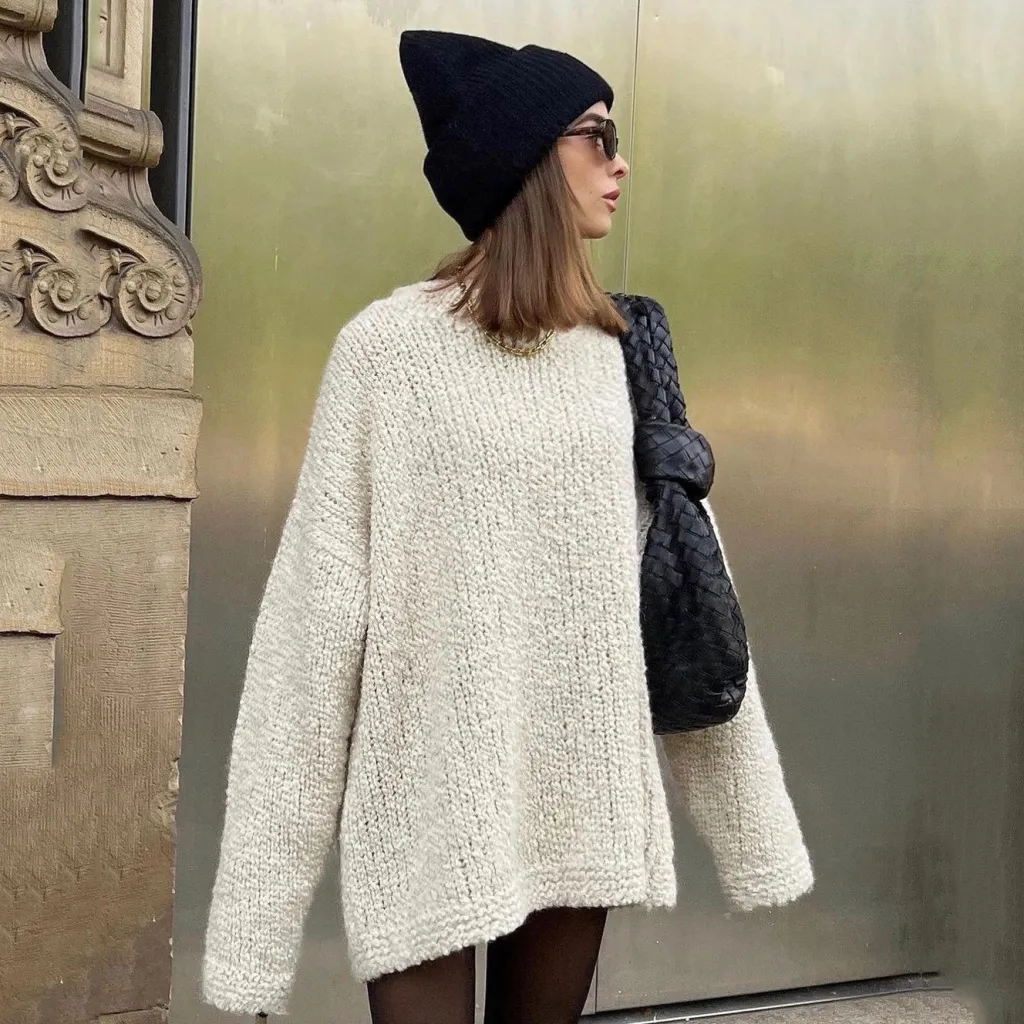 Simple Solid Color Thick Needle Round Neck Sweater Mid-length - Ls3242 Creamy White
