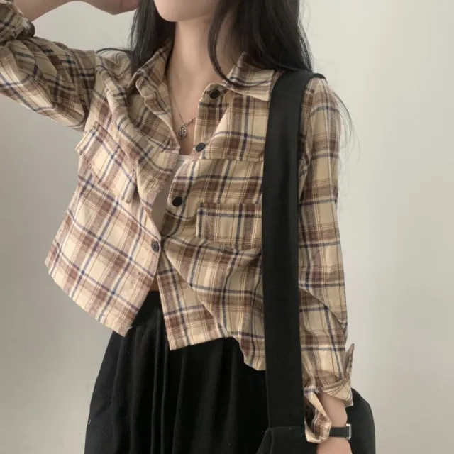Short Long Sleeve Plaid Shirt Fashion Baggy Coat Beige - Shop at LoveMi