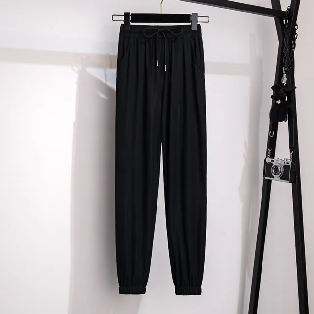 High Waist Loose Cropped Ice Silk Leggings For Women Black - Shop at LoveMi