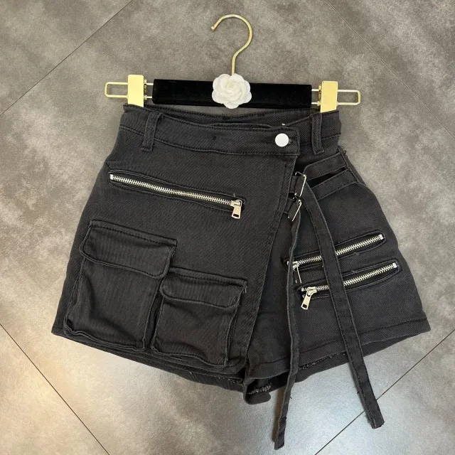 Workwear Denim Shorts Green Belt Loop Decorative Hot Pants Black - Shop at LoveMi