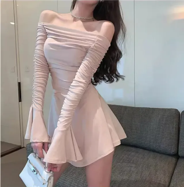 Slimming Flared Long Sleeve A Line Slimming Dress Khaki - Shop at LoveMi