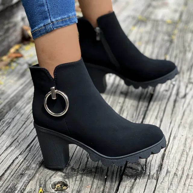 Chunky Heel Plus Size Side Zipper Round Head Ankle Boots High Heel Martin Boots Black - Shop at LoveMi