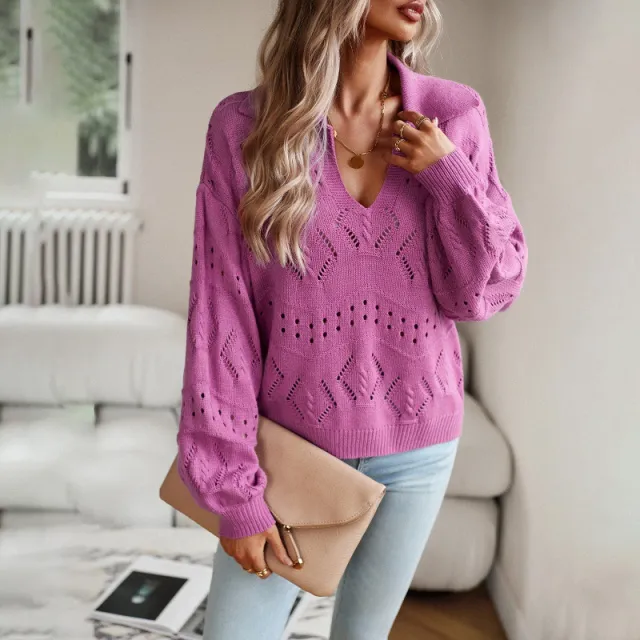 Women's Polo Collar Long sleeved Knitted Top Purple - Shop at LoveMi