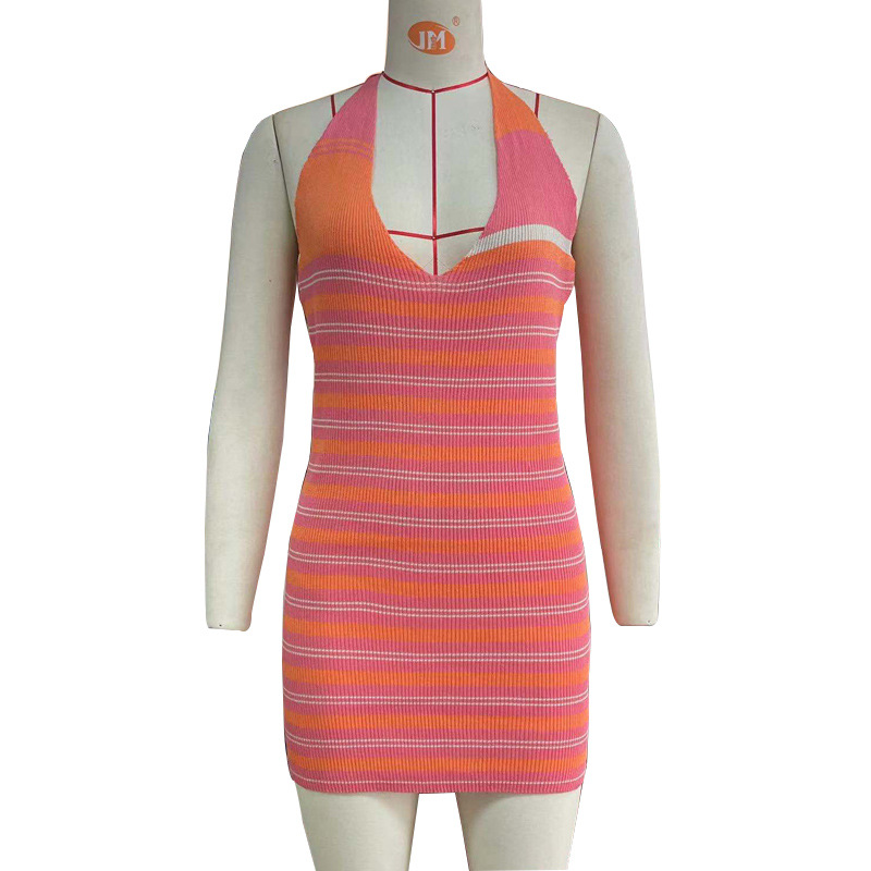 European And American Sexy Gradient Stripe High elasticity Wrap Skirt With Tie up Backless Design Pink Stripes - Shop at LoveMi