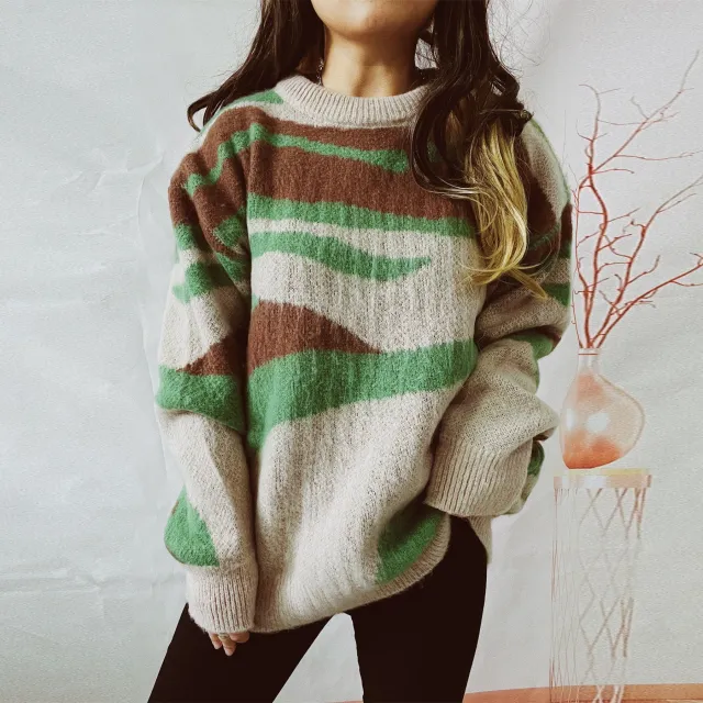 Women's Fashion Casual Irregular Striped Sweater Green - Shop at LoveMi