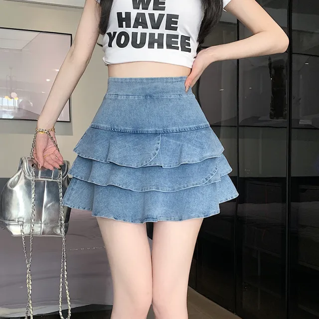 Elastic High Waist Layer Cake Dress Denim Design Blue - Shop at LoveMi