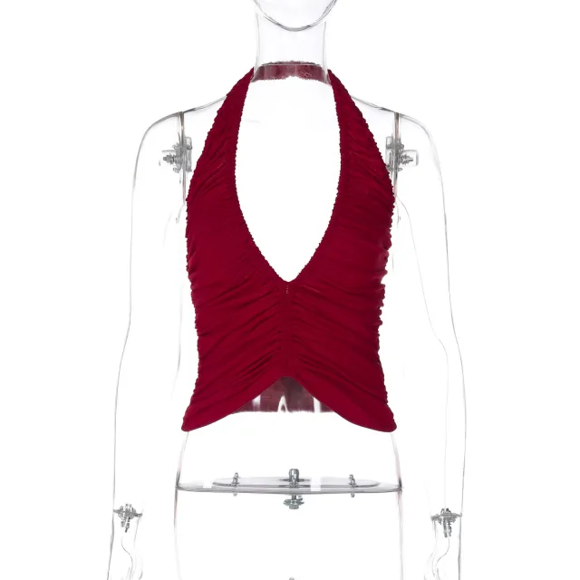 Women's Deep V Halter neck Backless Pleated Slim fit Vest Red - Shop at LoveMi