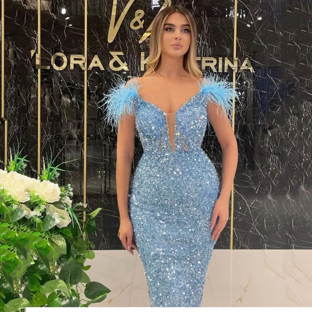 Deep V Sequined Sexy Feather Sequins Sleeveless Formal Dress Blue - Shop at LoveMi