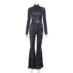 Zipper Short Top High Waist Belly Contracting Trousers Bell-bottom Pants Hot Girls Suit - Grey - View 1