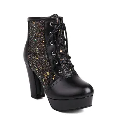 Autumn And Winter Thick Heel Lace-up Sequins Fashion Boots - Black - View 1