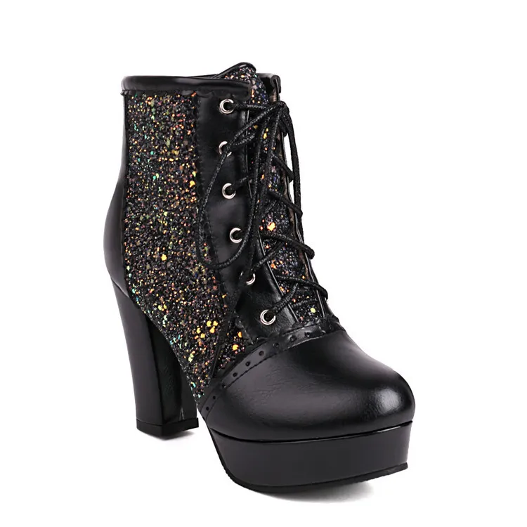 Autumn And Winter Thick Heel Lace-up Sequins Fashion Boots - Black