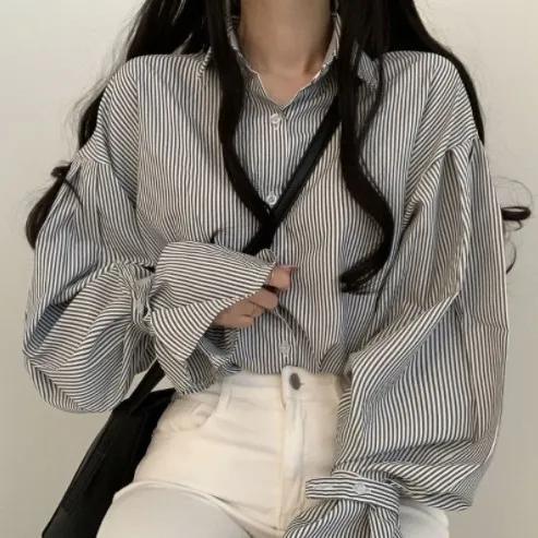 Korean Chic Spring And Autumn New Simple Western Style Lapel Casual Versatile Loose Bell Sleeve Striped Shirt Top For Women Black - Shop at LoveMi