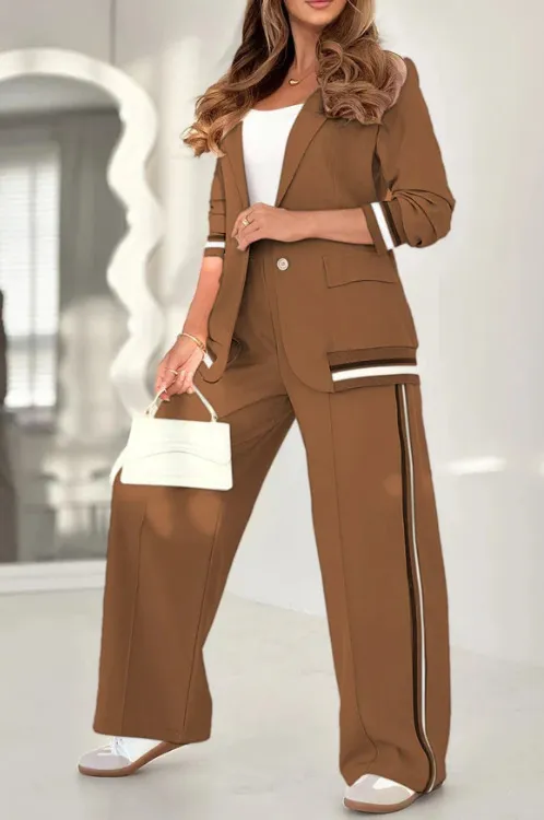 Set Women Suit Coat Pants Suit Lapel Long Sleeves Lady Jacket Wide Leg High Waist Trousers Female Commuting Office Outfit Brown - Shop at LoveMi