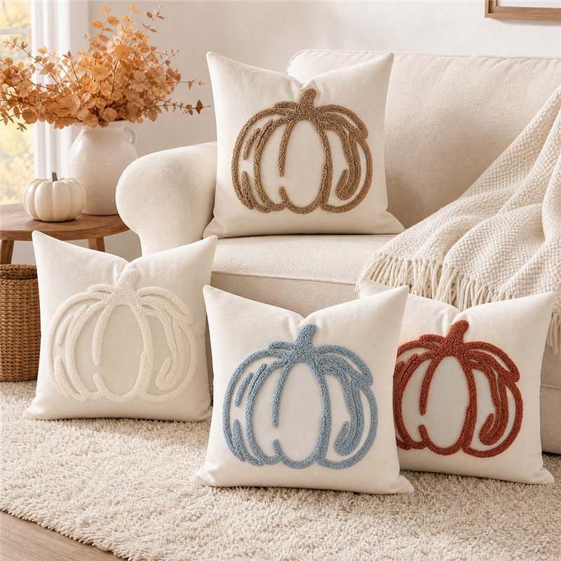 Husă pentru pernă decorativă în formă de dovleac, cu broderie tip prosop, cu aspect cremos
