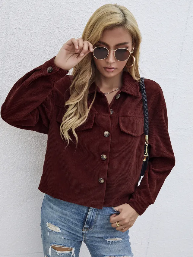 Casual Coat Women's Corduroy Short Slim Top Wine Red - Shop at LoveMi