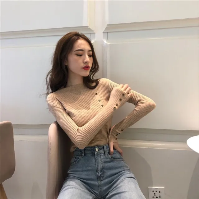 Autumn And Winter Button Half high Collar Women's Sweater Khaki - Shop at LoveMi