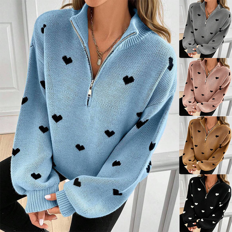 Womens Knitted Long-sleeve Sweater With A Heart-pattern Zipper