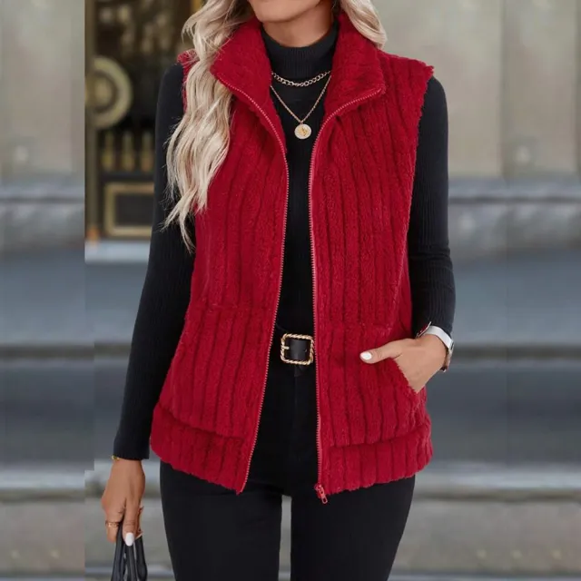 Women's Casual Versatile Lapel Zip Vest Top Red - Shop at LoveMi