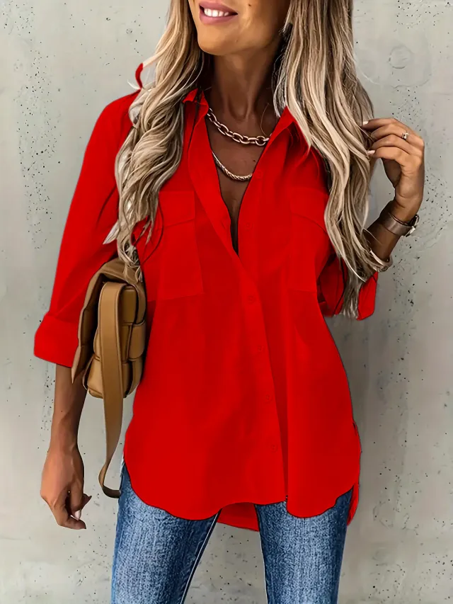 Loose Long Sleeve Lapel Shirt With Pockets Top Red - Shop at LoveMi
